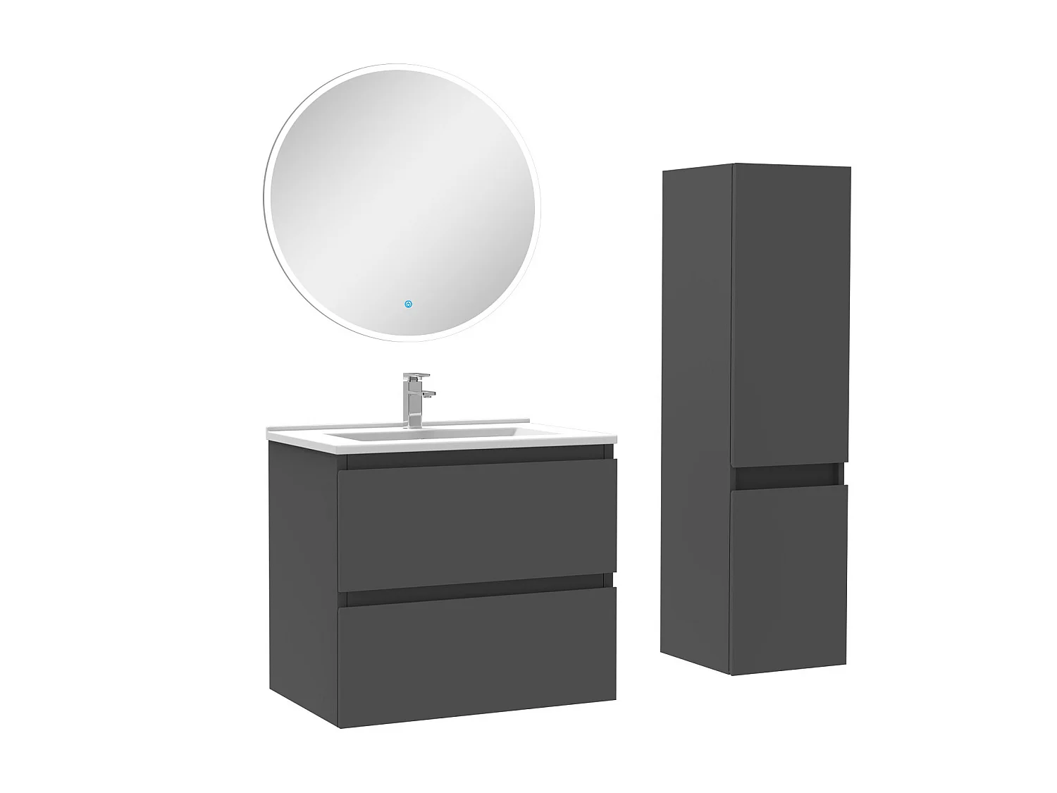 Ensemble meubles Salle de Bain 60cm vasque + colonne + miroir rond lumineux Anthracite