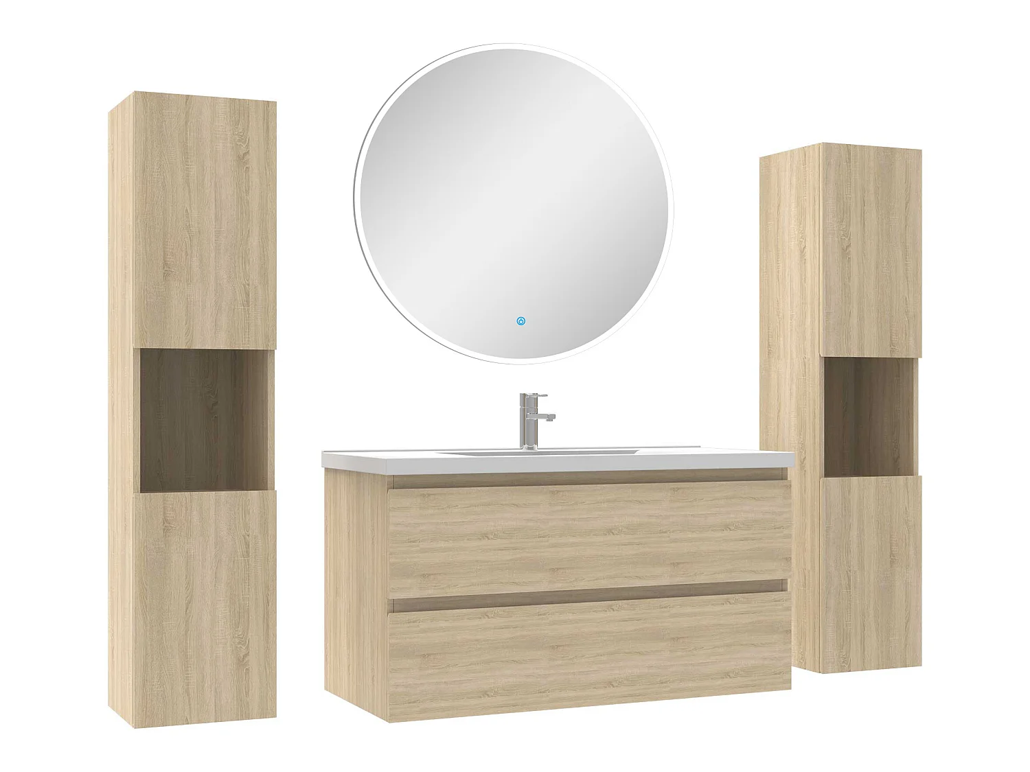 Ensemble meubles Salle de Bain avec colonne et miroir rond mural 100cm meuble Chêne Wotan