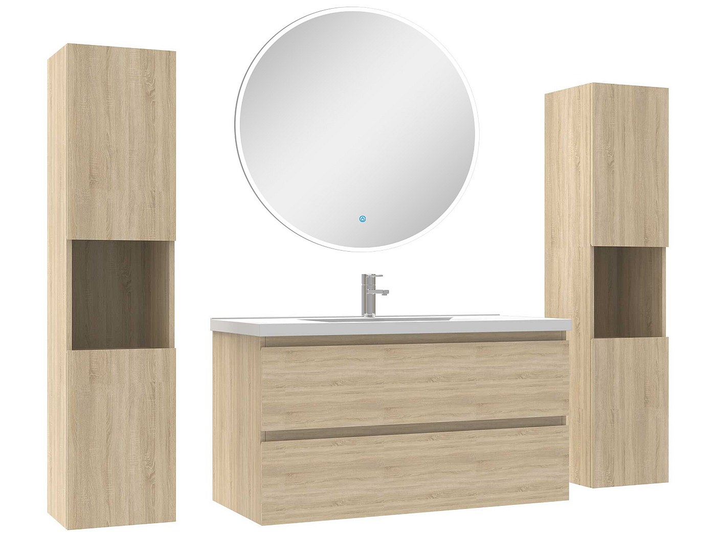 Ensemble meubles Salle de Bain avec colonne et miroir rond mural 100cm