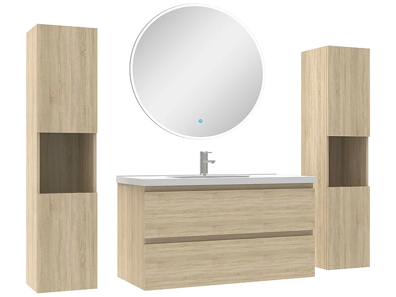 Ensemble meubles Salle de Bain avec colonne et miroir rond mural 100cm meuble Chêne Wotan