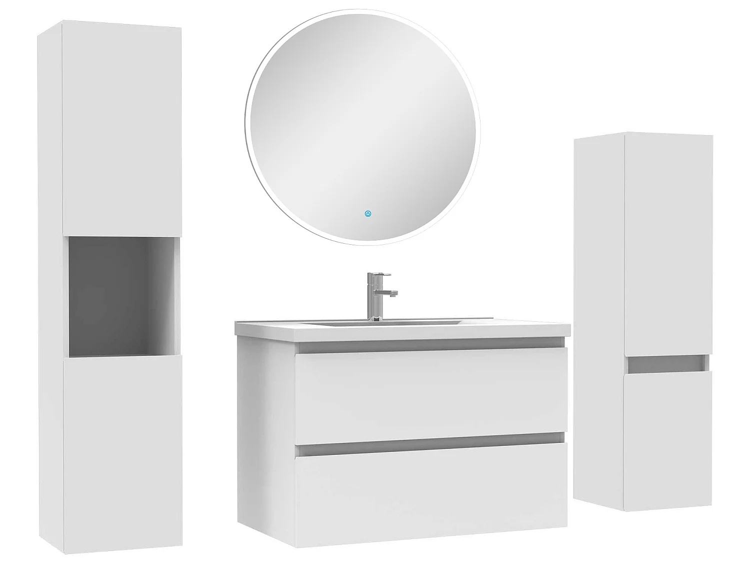 Ensemble meubles Salle de Bain 80cm vasque + colonne + miroir rond mural Blanc