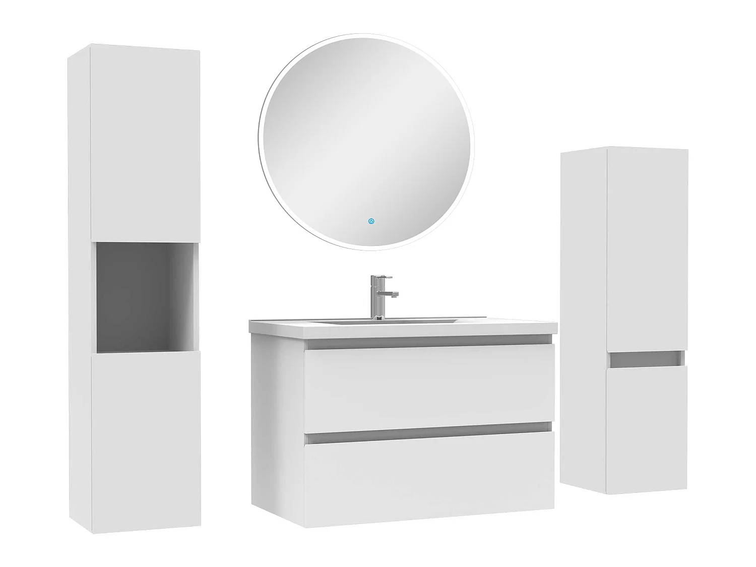 Ensemble meubles Salle de Bain 80cm vasque + colonne + miroir rond mural Blanc