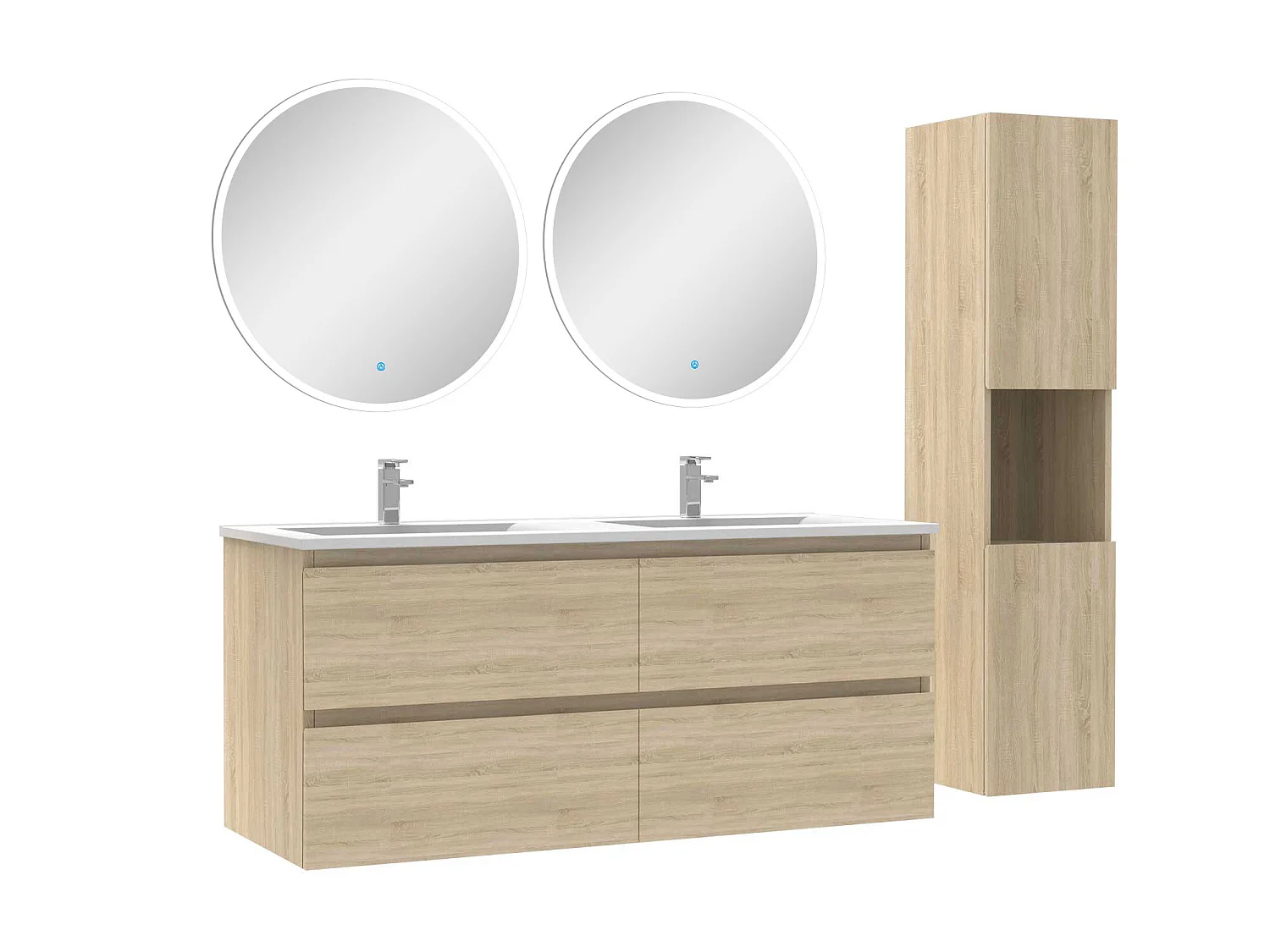 Ensemble meubles double vasque 120cm,colonne + miroir rond lumineux Chêne Wotan