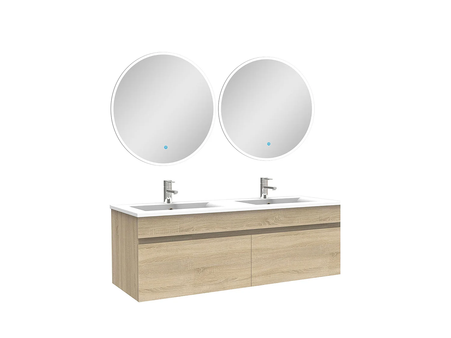 Ensemble meubles Salle de Bain double vasque 120cm + miroir rond lumineux Chêne Wotan