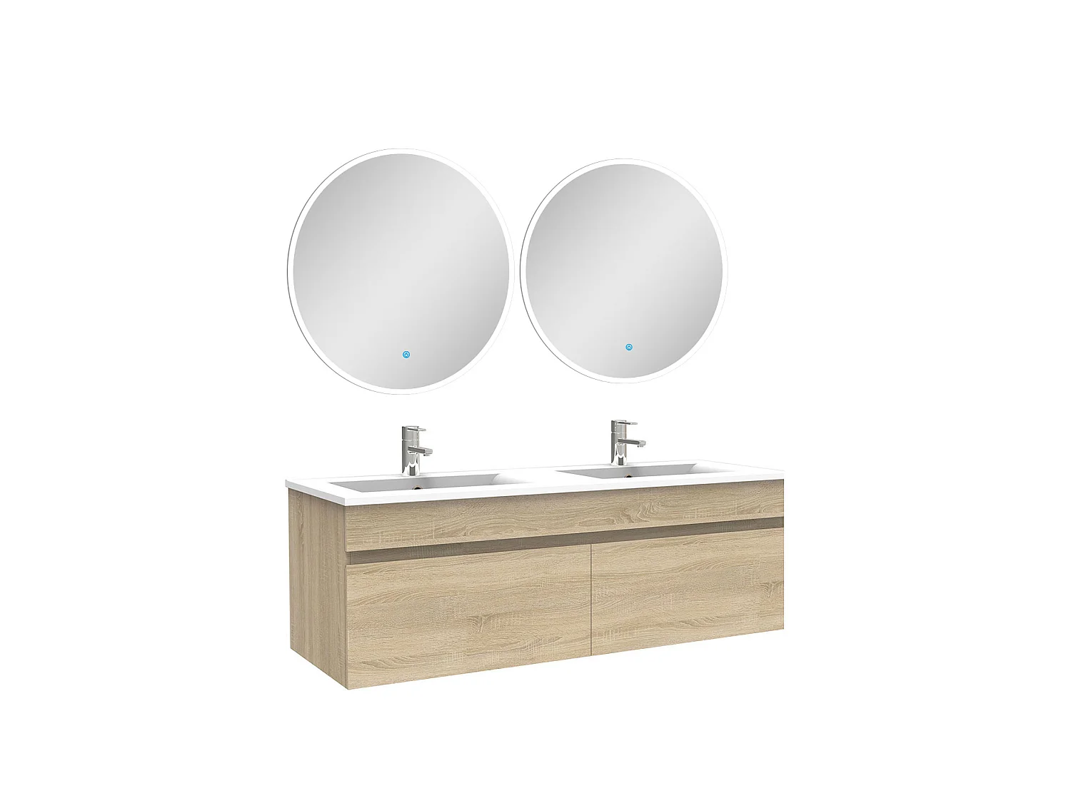 Ensemble meubles Salle de Bain double vasque 120cm + miroir rond lumineux Chêne Wotan