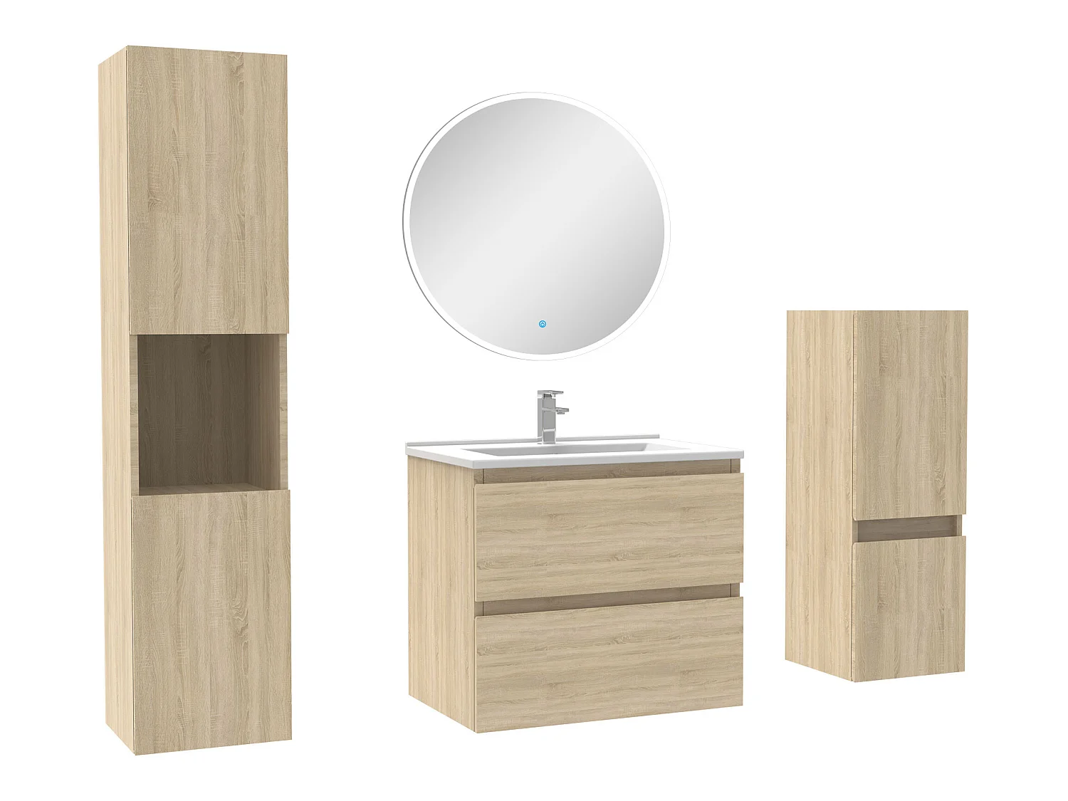Ensemble meubles Salle de Bain 60cm simple vasque + colonne + miroir rond mural Chêne Wotan