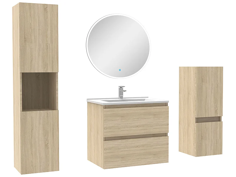 Ensemble meubles Salle de Bain 60cm simple vasque + colonne + miroir rond mural Chêne Wotan