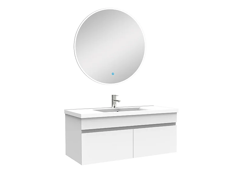 Ensemble meubles Salle de Bain simple vasque 100cm + miroir rond lumineux Blanc