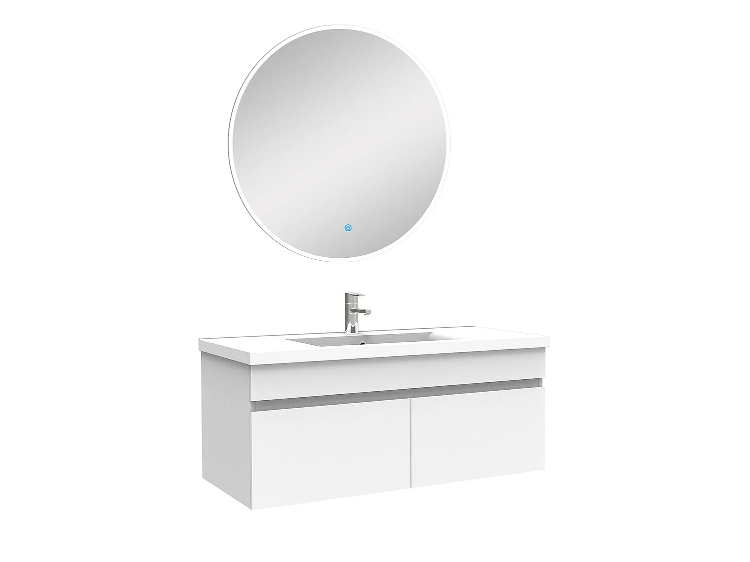Ensemble meubles Salle de Bain simple vasque 100cm + miroir rond lumineux Blanc