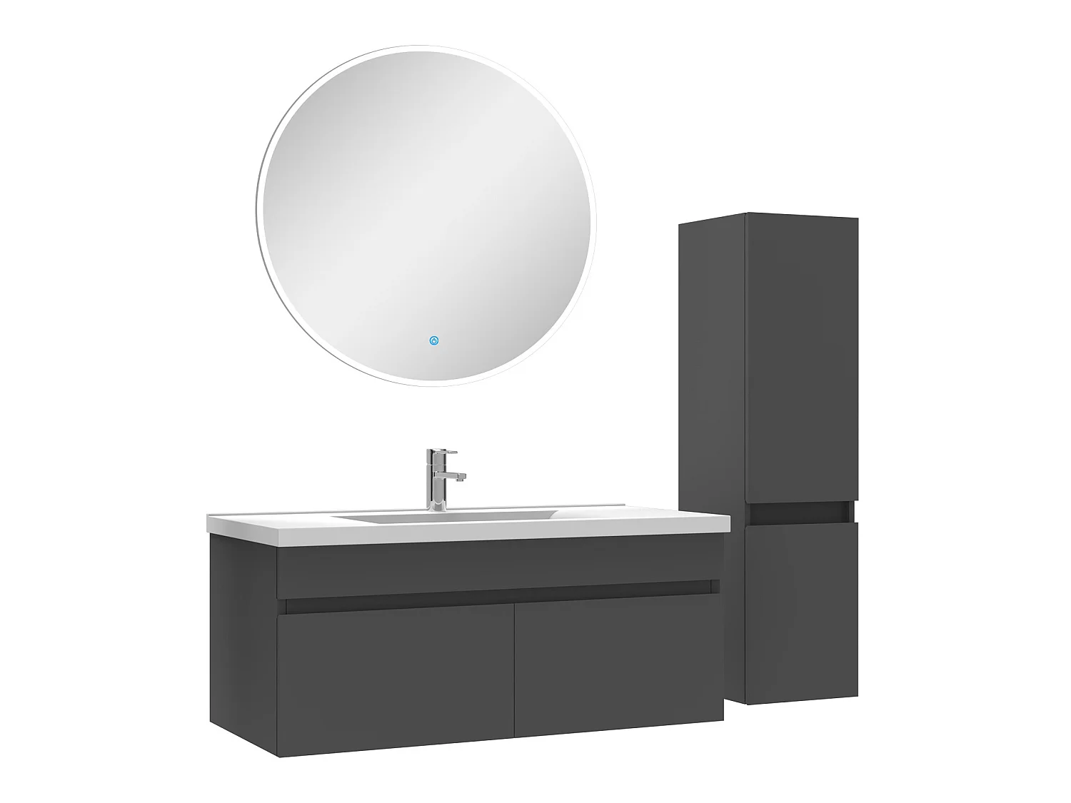 Ensemble Salle De Bain simple vasque avec colonne et miroir rond 100cm meuble Anthracite