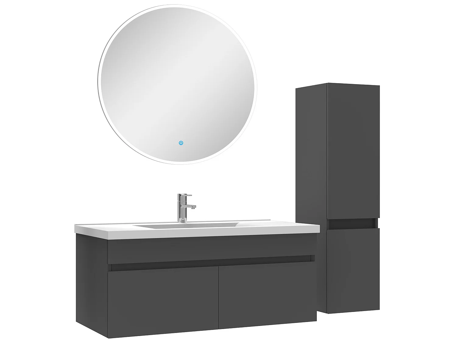 Ensemble Salle De Bain simple vasque avec colonne et miroir rond 100cm meuble Anthracite