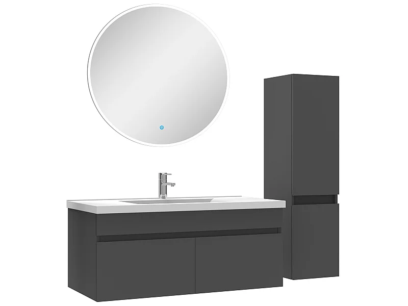 Ensemble Salle De Bain simple vasque avec colonne et miroir rond 100cm meuble Anthracite