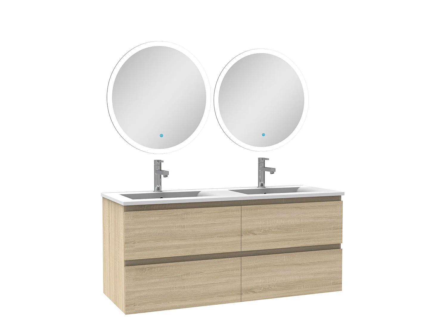Ensemble meubles Salle de Bain 120cm double vasque + miroir lumineux rond Chêne Wotan
