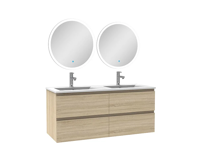 Ensemble meubles Salle de Bain 120cm double vasque + miroir lumineux rond Chêne Wotan