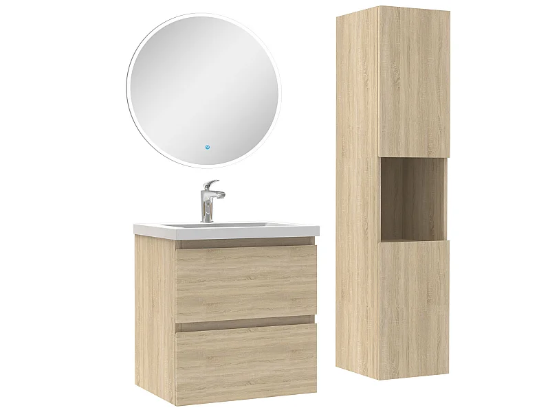 Ensemble meubles simple vasque 50cm,colonne + miroir rond lumineux Chêne Wotan