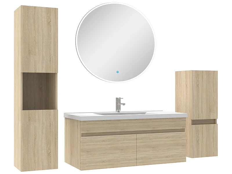 Meubles simple vasque 100cm,meuble acve colonne et miroir rond Chêne Wotan