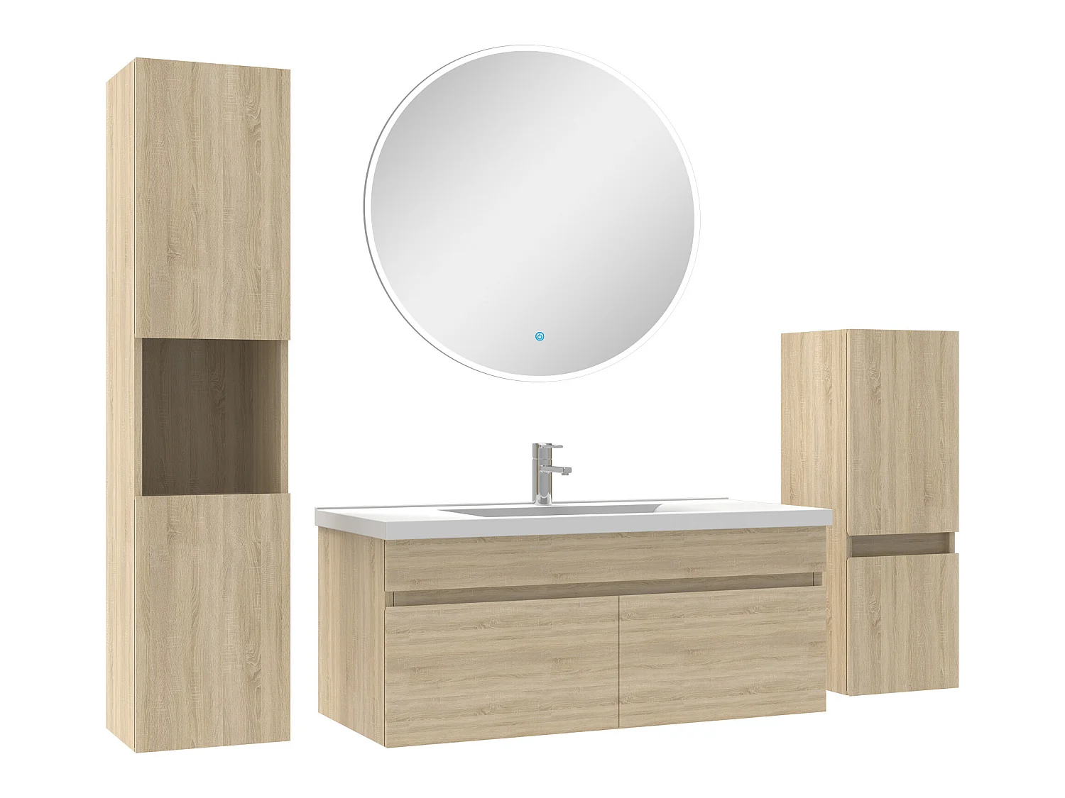 Meubles simple vasque 100cm,meuble acve colonne et miroir rond Chêne Wotan
