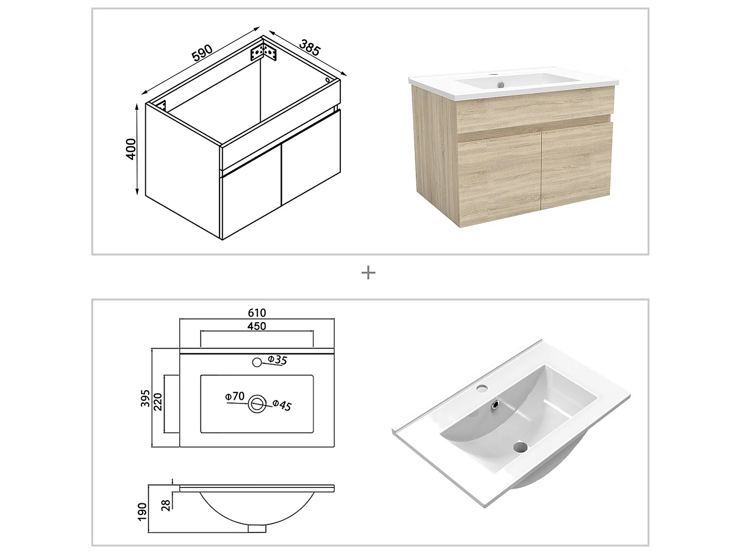 Meuble Salle de Bain Chêne Wotan 60cm simple vasque + colonne + miroir rond LED
