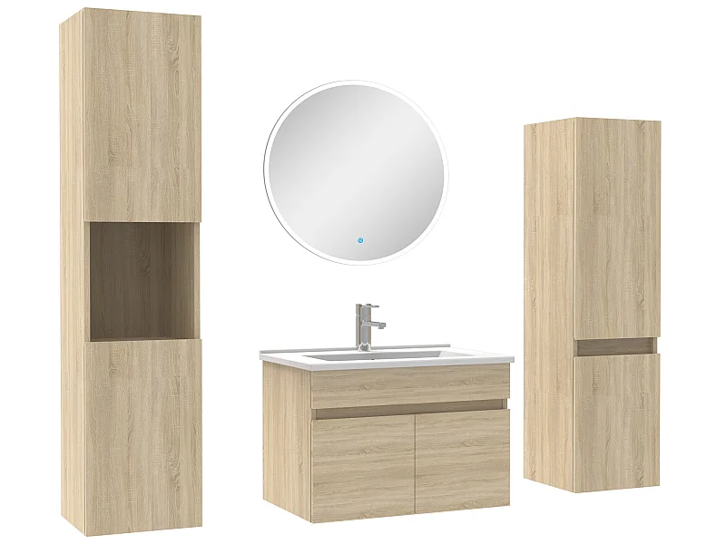 Meuble Salle de Bain Chêne Wotan 60cm simple vasque + colonne + miroir rond LED