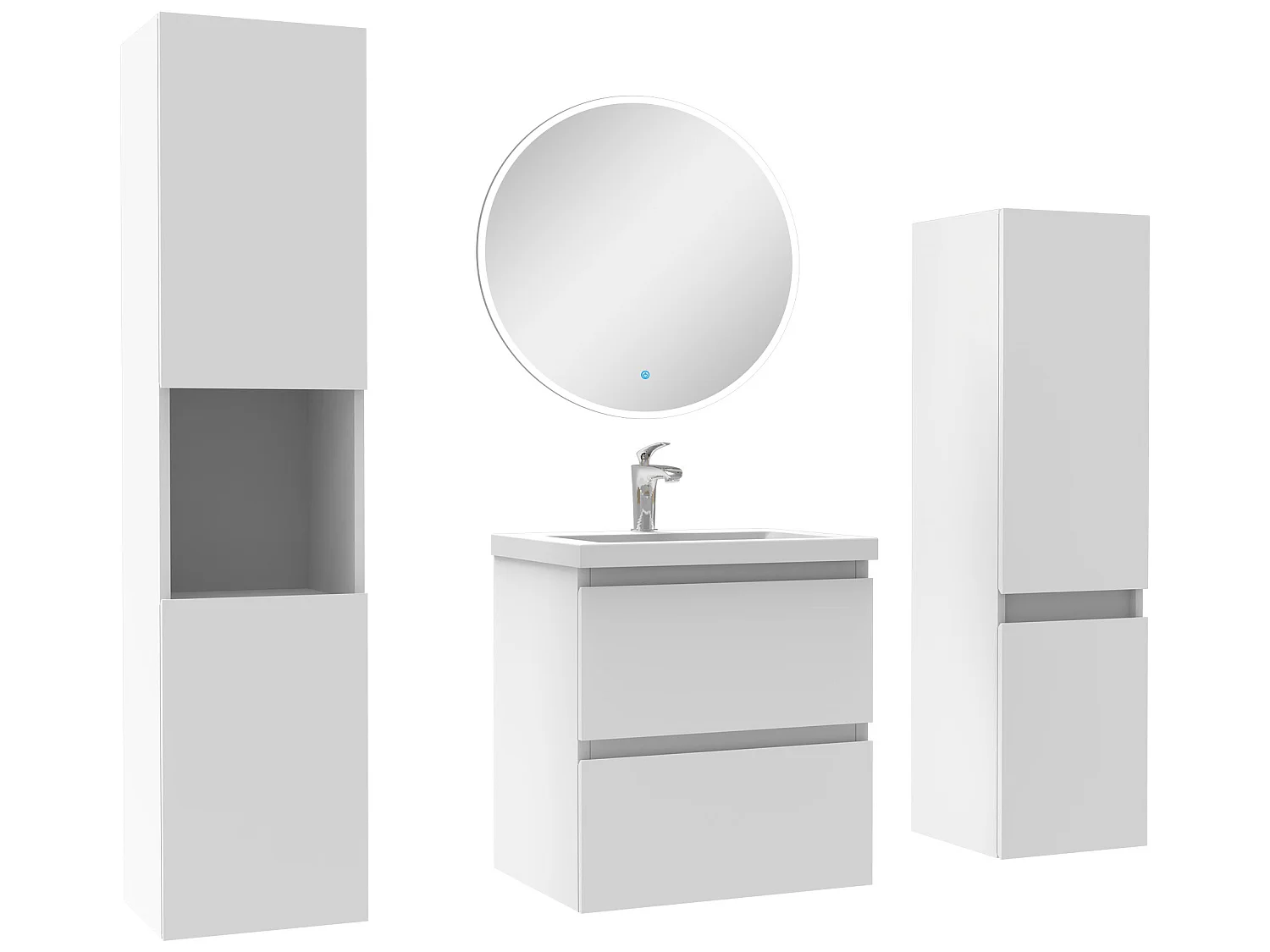 Ensemble meubles Salle de Bain 50cm vasque + colonne + miroir rond mural Blanc