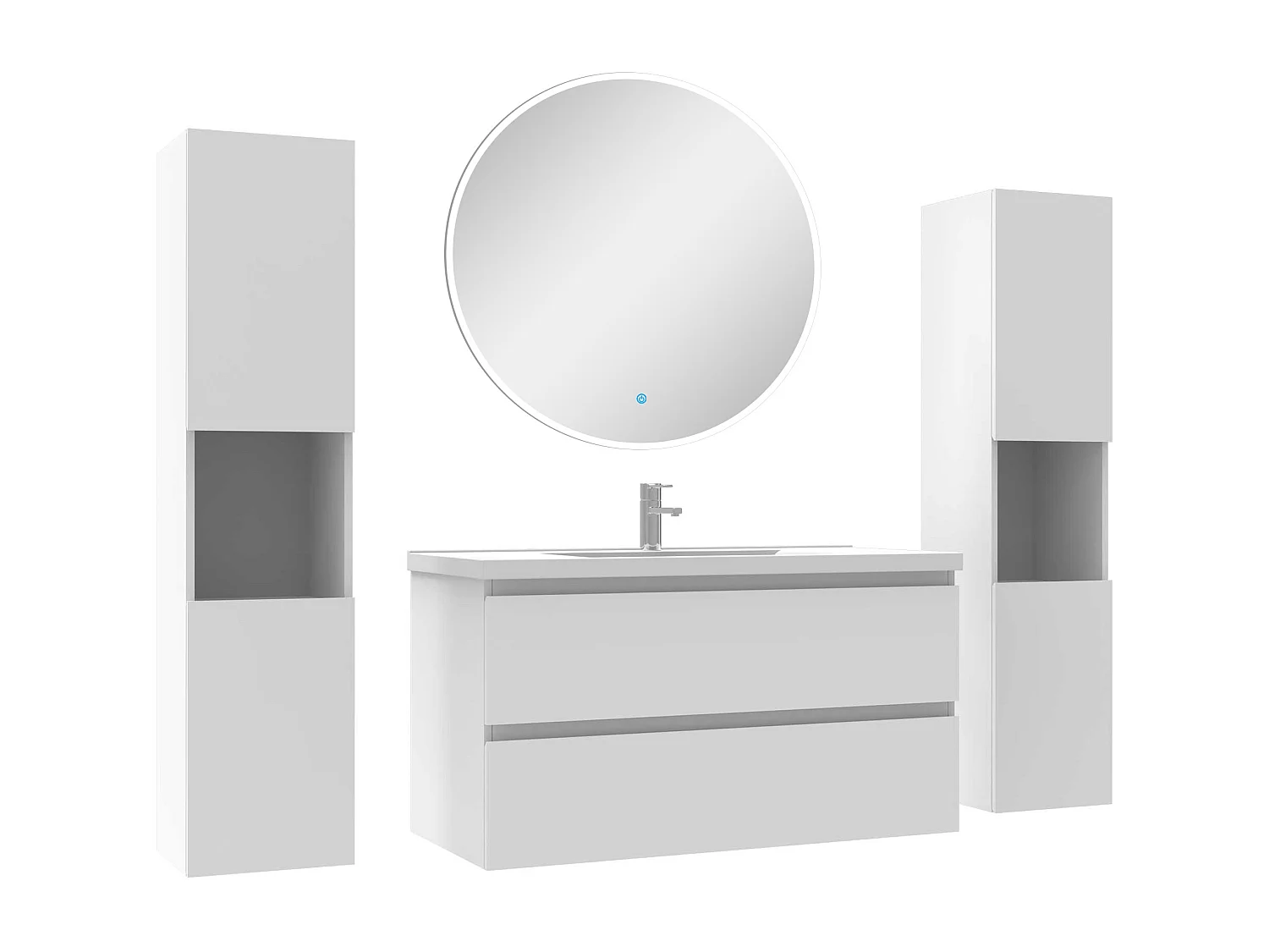 Ensemble meubles Salle de Bain avec colonne et miroir rond mural 100cm meuble blanc