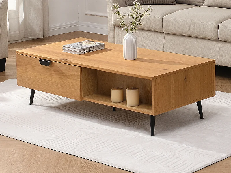 Table basse avec 2 tiroirs et 2 niches placage chêne et acier - Naturel clair et Noir - SINOLO