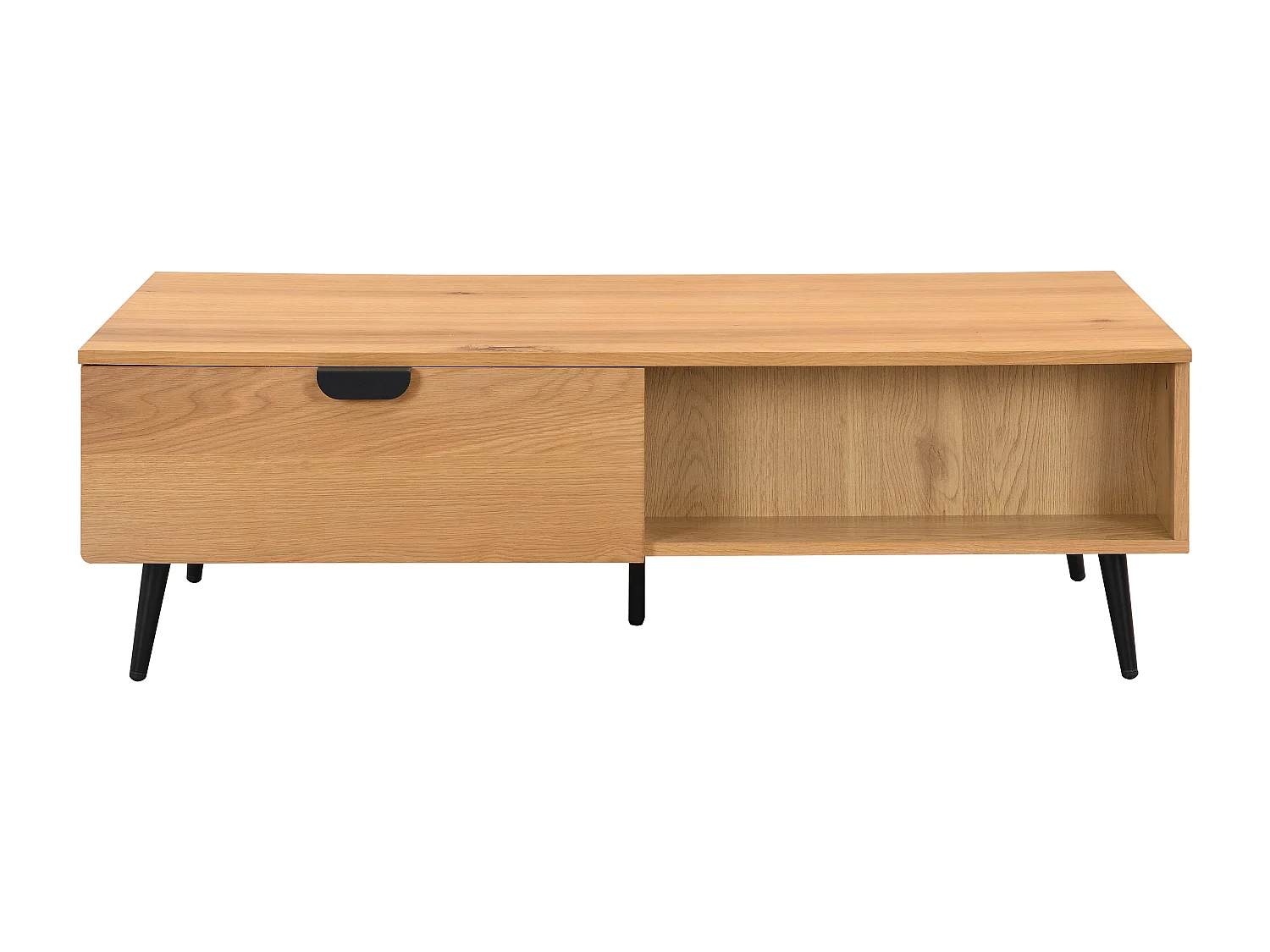 Mesa de centro com 2 gavetas e 2 nichos em folha de carvalho e aço natural claro e preto - SINOLO