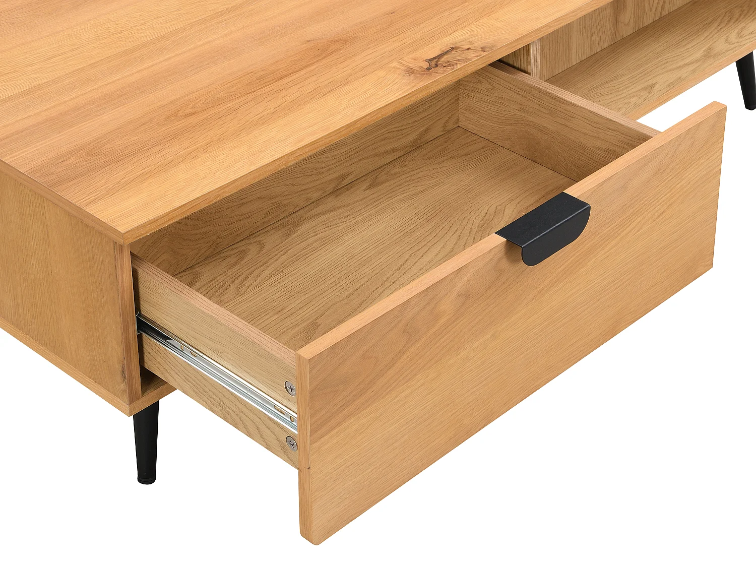 Mesa de centro com 2 gavetas e 2 nichos em folha de carvalho e aço natural claro e preto - SINOLO