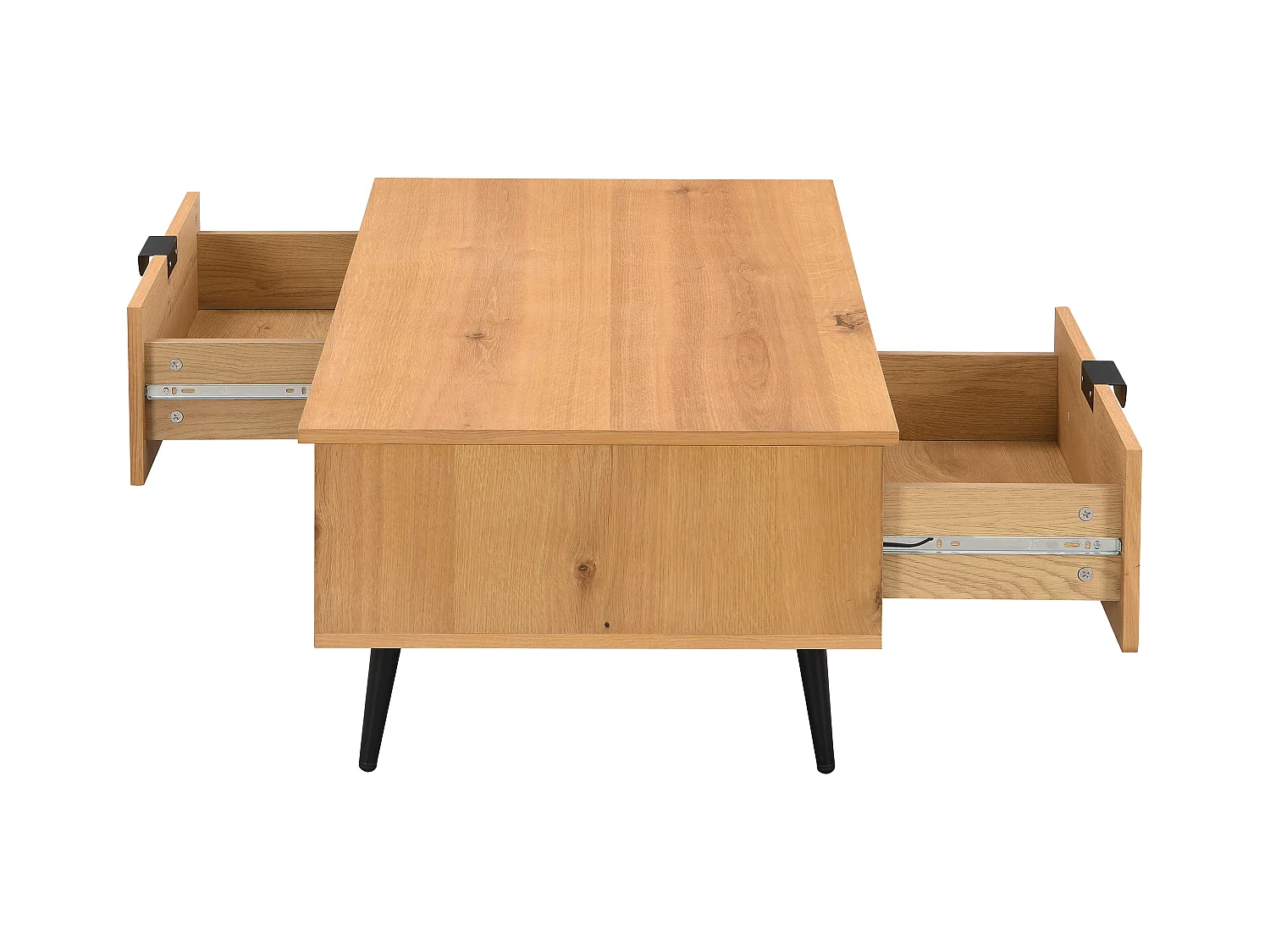 Couchtisch mit 2 Schubladen & 2 Ablagefächern - Eichenfurnier & Stahl - Holzfarben hell & Schwarz - SINOLO