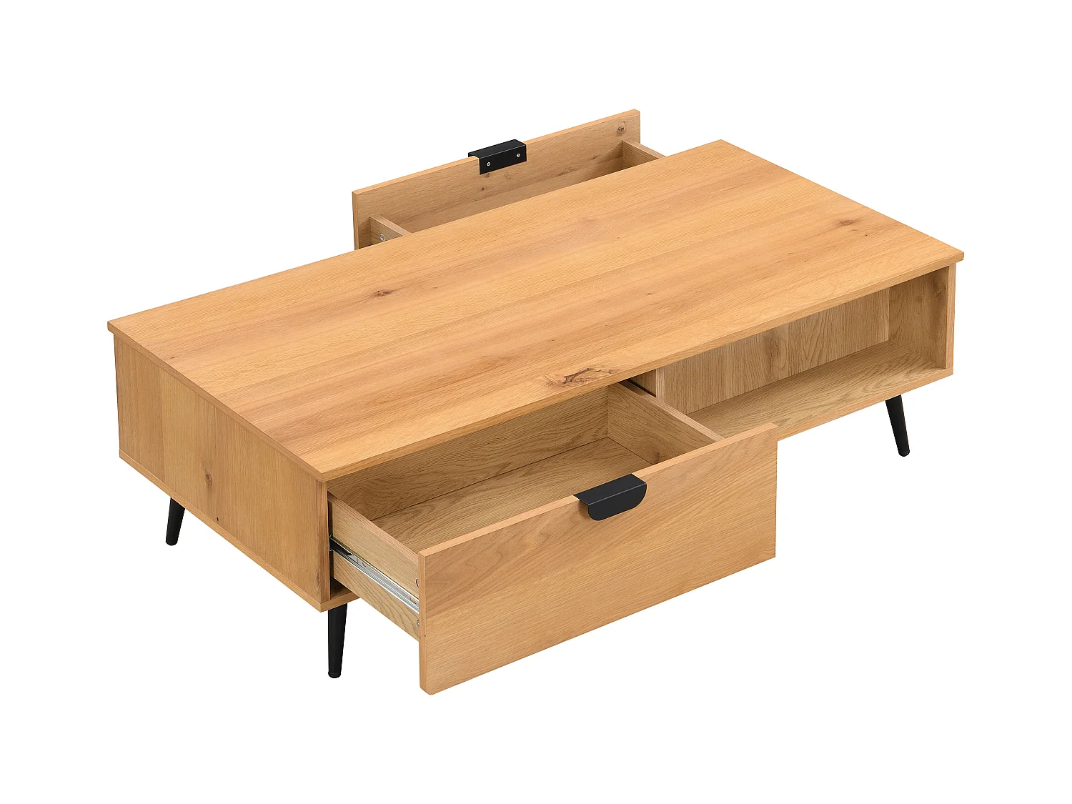 Couchtisch mit 2 Schubladen & 2 Ablagefächern - Eichenfurnier & Stahl - Holzfarben hell & Schwarz - SINOLO