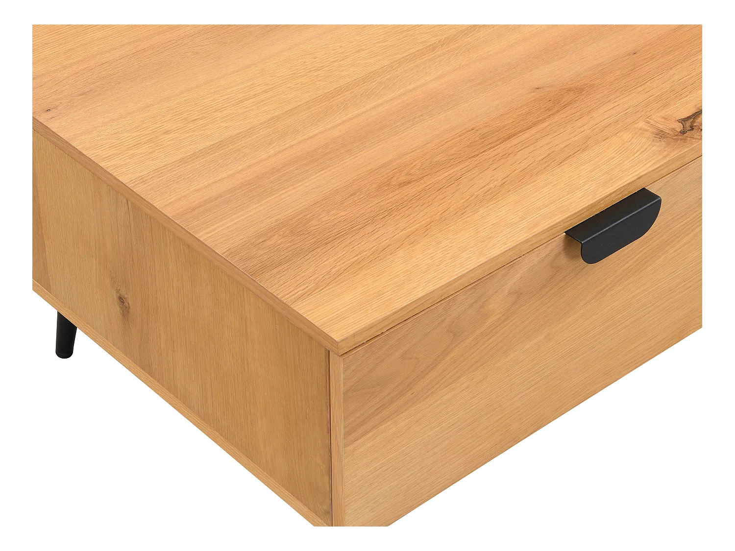 Couchtisch mit 2 Schubladen & 2 Ablagefächern - Eichenfurnier & Stahl - Holzfarben hell & Schwarz - SINOLO