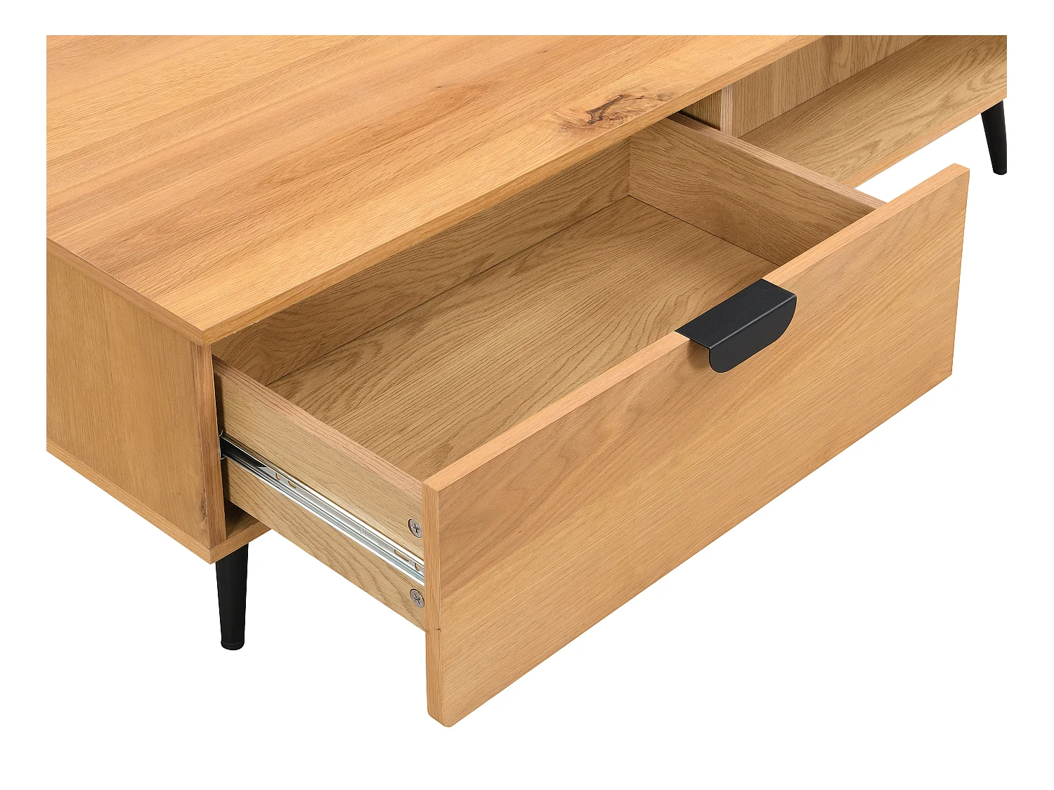 Couchtisch mit 2 Schubladen & 2 Ablagefächern - Eichenfurnier & Stahl - Holzfarben hell & Schwarz - SINOLO