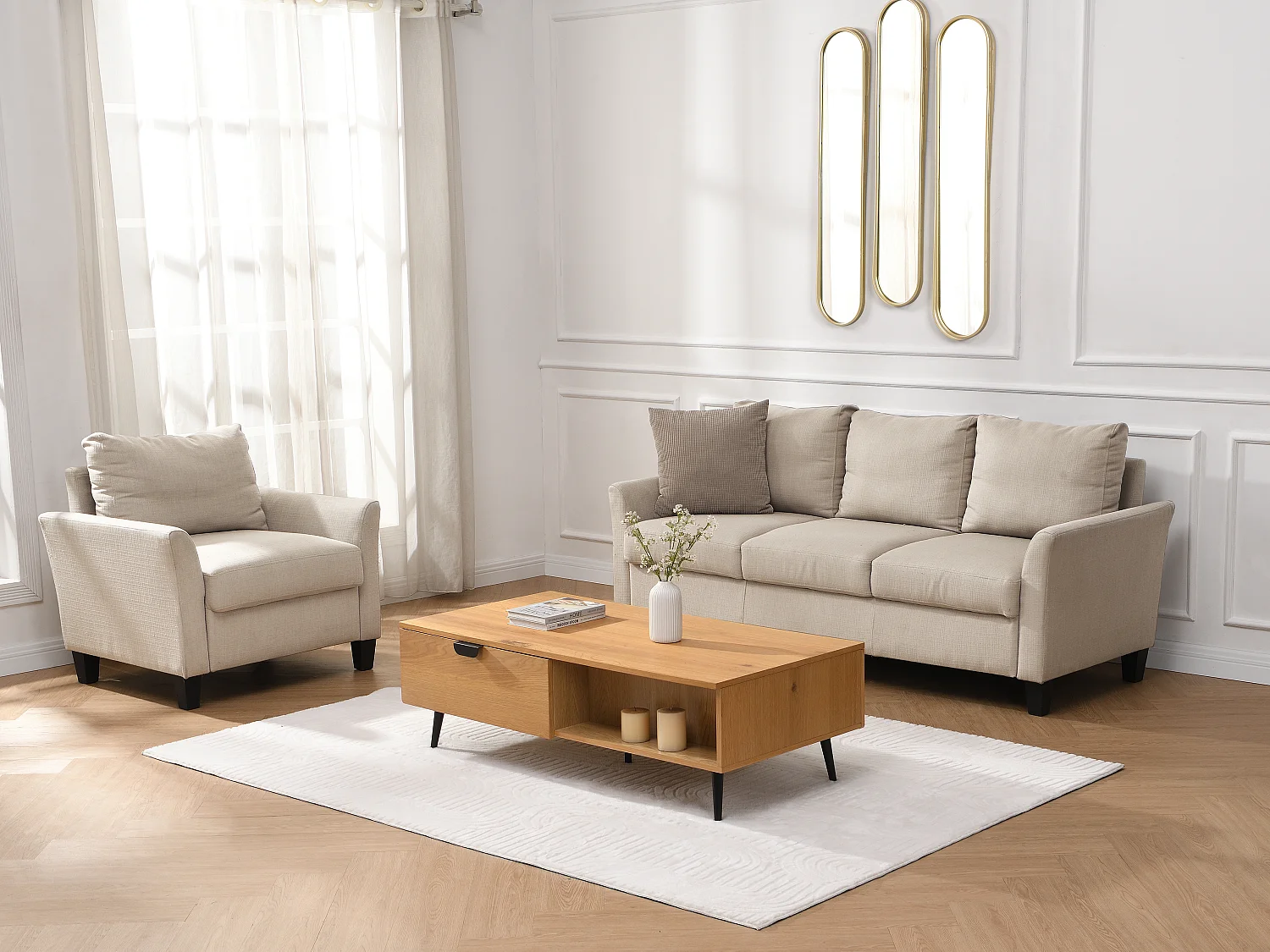 Table basse avec 2 tiroirs et 2 niches placage chêne et acier - Naturel clair et Noir - SINOLO