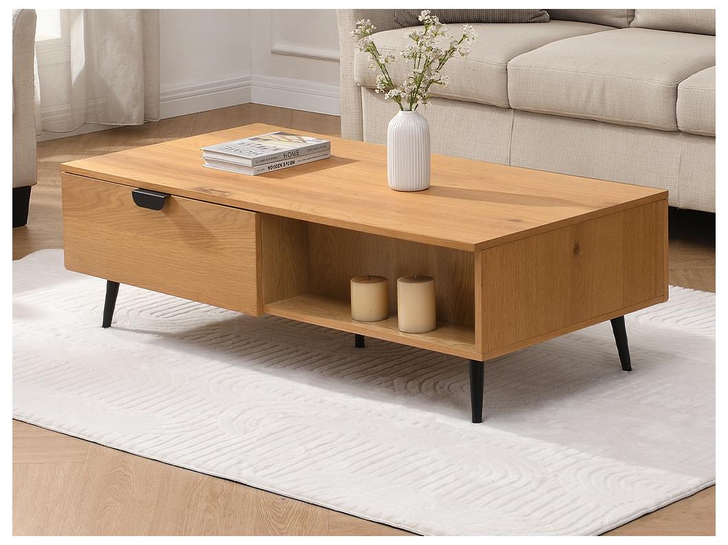 Table basse avec 2 tiroirs et 2 niches placage chêne et acier - Naturel clair et Noir - SINOLO