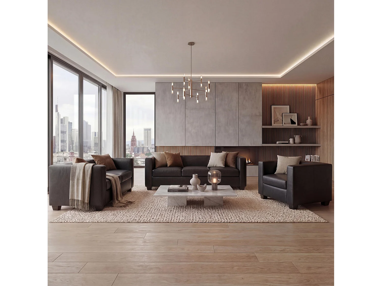 Salotto componibile lounge moderno elegante Lille M65 composizione 3-2-1 pelle ~ nero