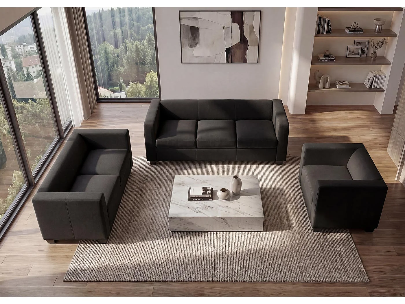 Salotto componibile lounge moderno elegante Lille M65 composizione 3-2-1 pelle ~ nero