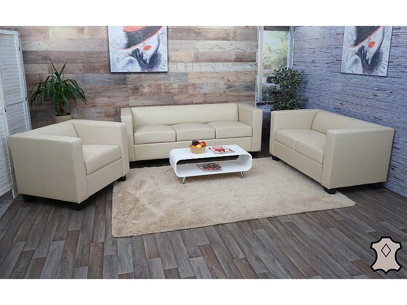 Zestaw sof 3-2-1 Lille (3-częściowy),  skóra, kremowy
