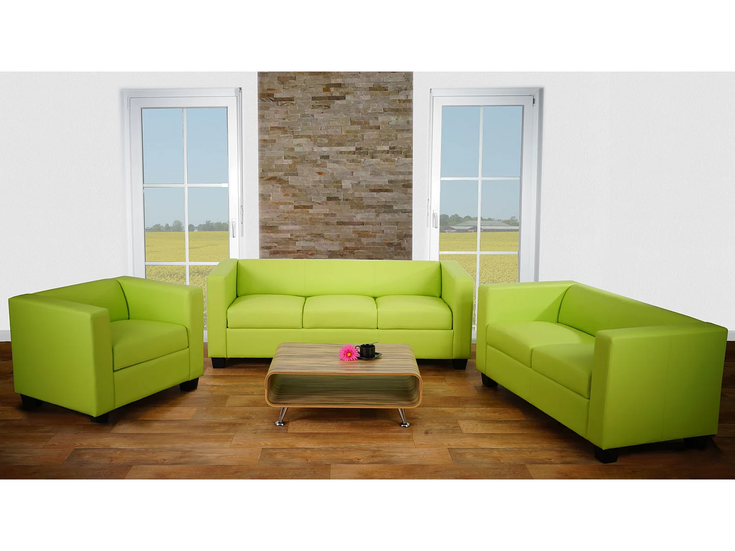 Zestaw sof 3-2-1 Lille (3-częściowy),  imitacja skóry, jasnozielony