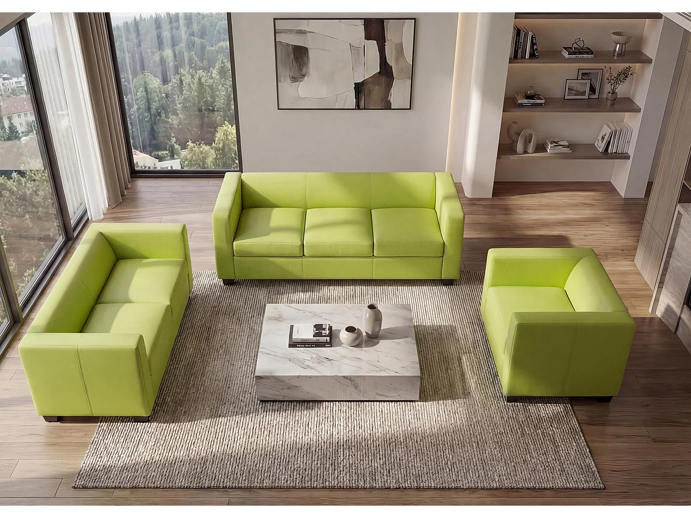 Salotto componibile lounge moderno elegante Lille M65 composizione 3-2-1 ~ ecopelle verde