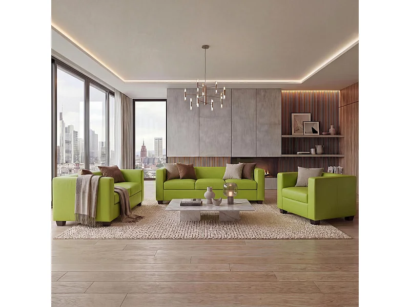 Zestaw wypoczynkowy Lille (3-częściowy) 3-2-1,  sztuczna skóra, jasnozielona