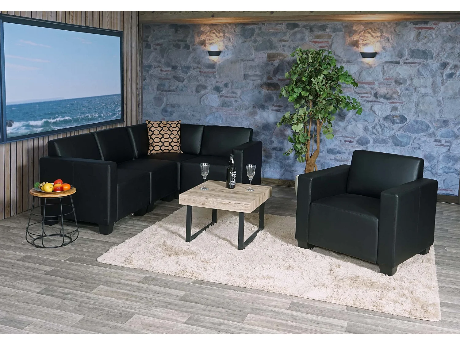 Salotto modulare componibile lounge moderno Lione N71 ecopelle combinazione 4-1 nero