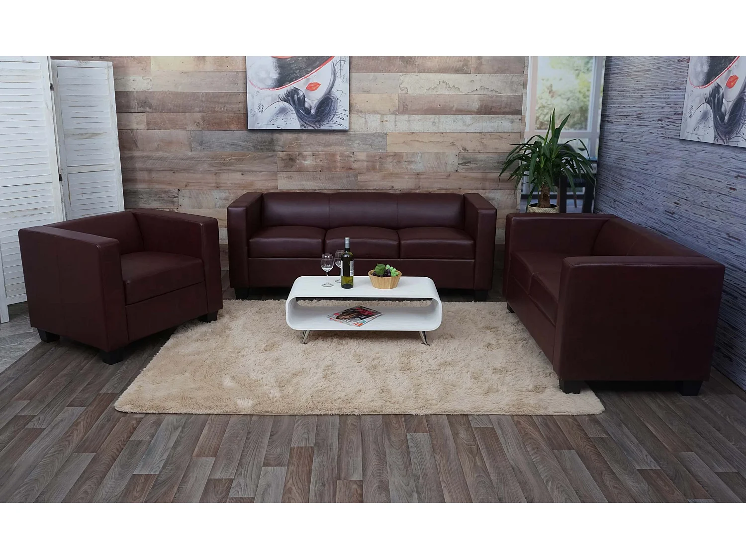 Zestaw sof 3-2-1 Lille (3-częściowy),  imitacja skóry, czerwono-brązowy