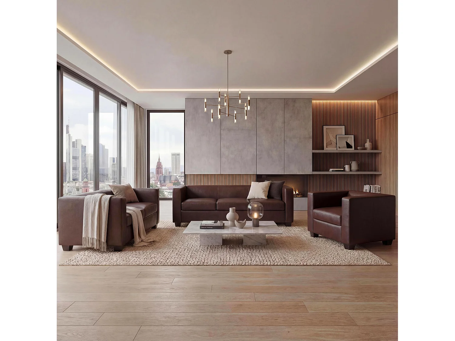 Zestaw wypoczynkowy Lille (3-częściowy) 3-2-1,  sztuczna skóra, czerwono-brązowa