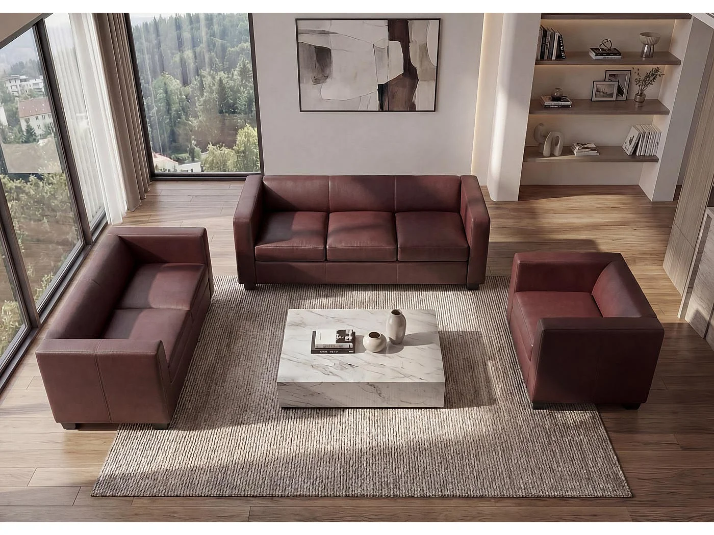 Zestaw wypoczynkowy Lille (3-częściowy) 3-2-1,  sztuczna skóra, czerwono-brązowa