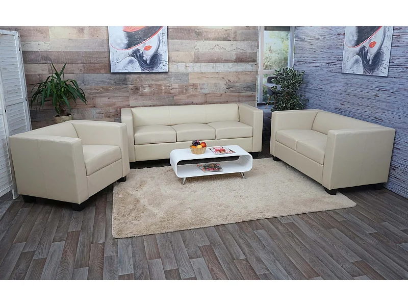 Zestaw sof 3-2-1 Lille (3-częściowy),  imitacja skóry, kremowy