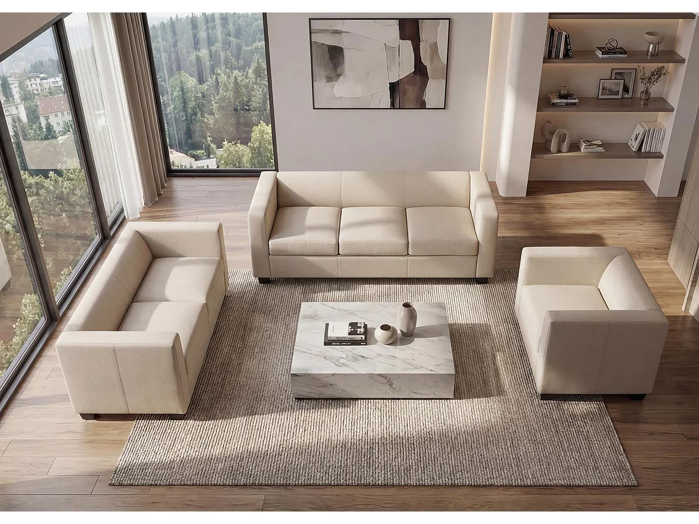 3-2-1 Sofagarnitur Lille (3-teilig), Kunstleder, creme