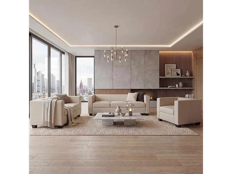 Zestaw wypoczynkowy Lille (3-częściowy) 3-2-1,  sztuczna skóra, kremowy