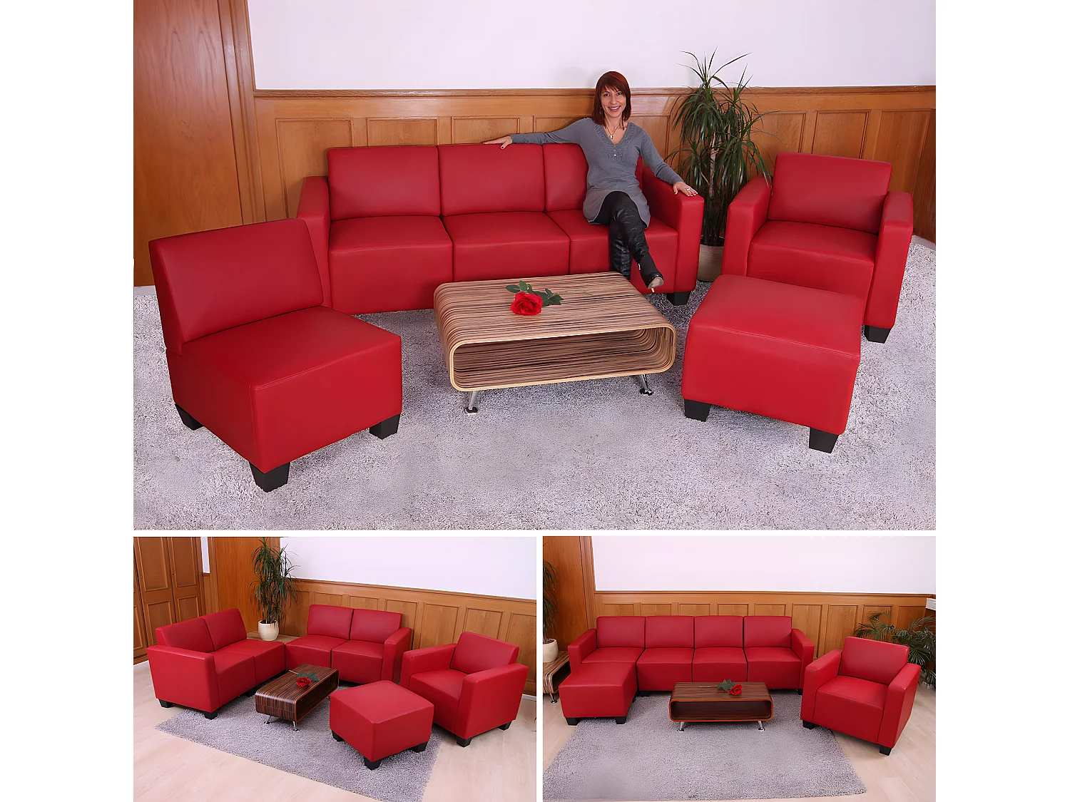 Salotto modulare componibile lounge moderno Lione N71 ecopelle combinazione 3-1-1-1 rosso