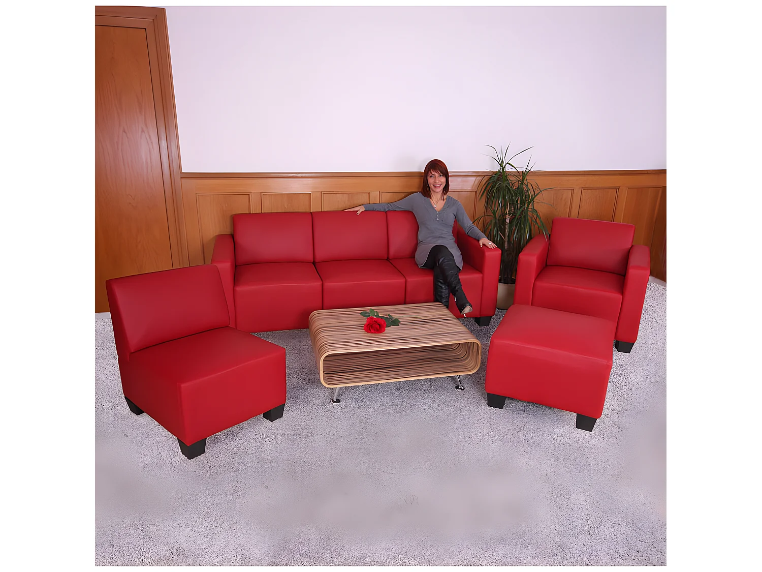 Salotto modulare componibile lounge moderno Lione N71 ecopelle combinazione 3-1-1-1 rosso