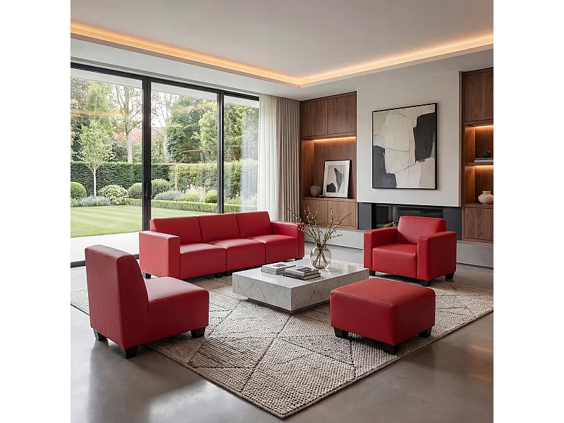 Salotto modulare componibile lounge moderno Lione N71 ecopelle combinazione 3-1-1-1 rosso